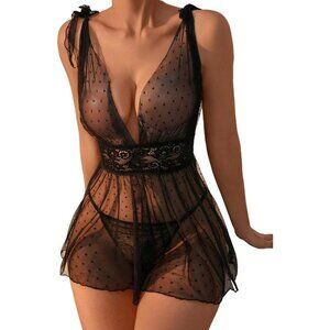 Women's 2 Piece Polka Dots Lace Sheer Mesh V Neck Babydoll Teddy Lingerie Set